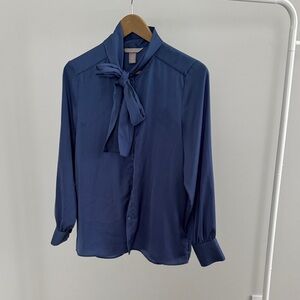 H&M Navy Tie-Neck Button-Down Blouse